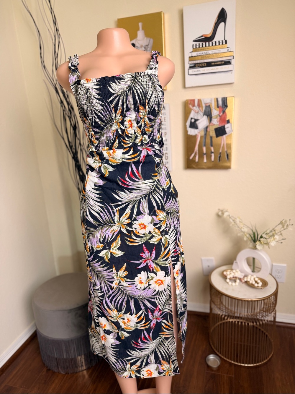 Love Tree Navy Tropical Floral Smocked Midi Dress